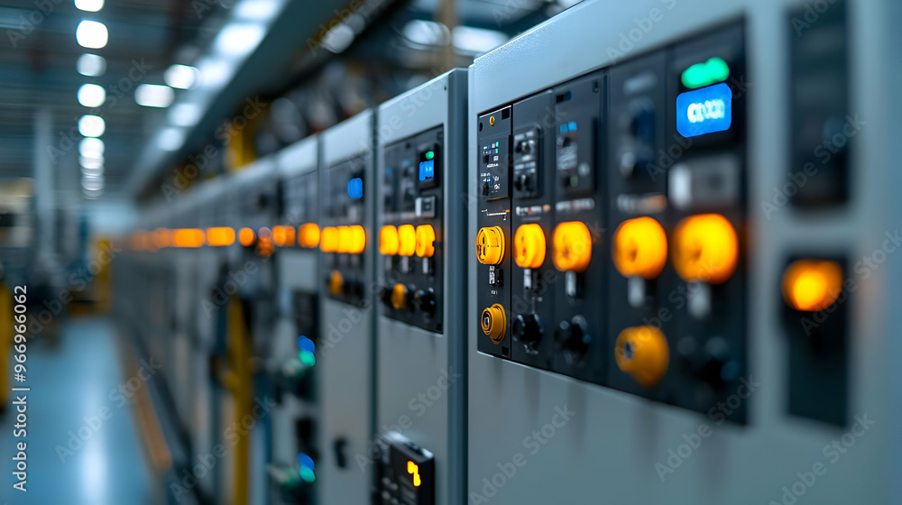 Poster control panel with illuminated buttons in an industrial setting.