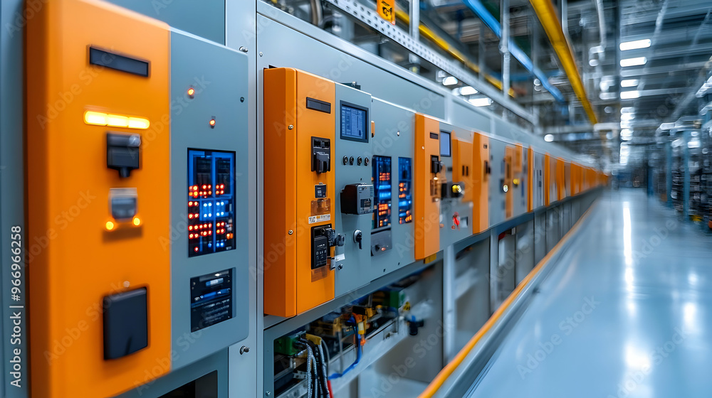 Poster control panels with indicators and buttons in an industrial setting.