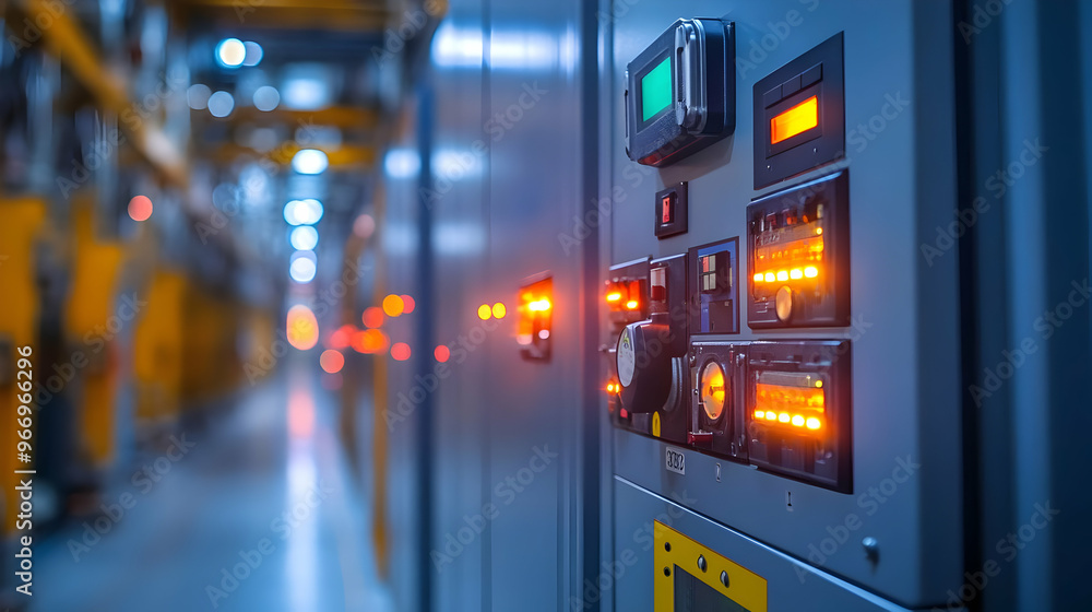 Aufkleber control panel with illuminated indicators in an industrial setting.