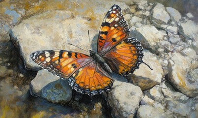 Oil painting depicting a stunning butterfly perched on a rocky surface
