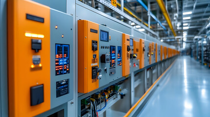 Control panels with indicators and buttons in an industrial setting.