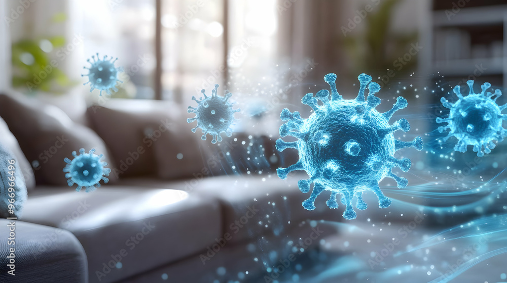Aufkleber digital representation of viruses in a home environment, emphasizing health concerns.