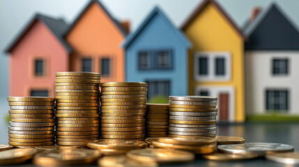 Explore the symbolism of coins and mini homes in real estate investment, highlighting finance, asset growth, and housing market trends.
