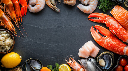 An assortment of fresh seafood, including shrimp, salmon, and shellfish, arranged around a slate board for an elegant display.