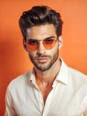 Obraz premium Attractive male model with facial hair wearing a green shirt, green jacket and green glasses on a plain yellow background, portrait