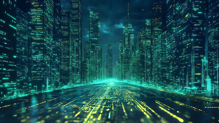 Futuristic cityscape with glowing skyscrapers and a digital road.