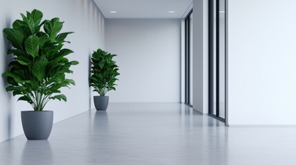Minimalist Office Corridor with Plants.