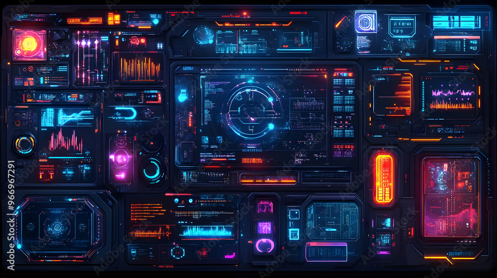 Poster futuristic control panel with vibrant interfaces and data displays.