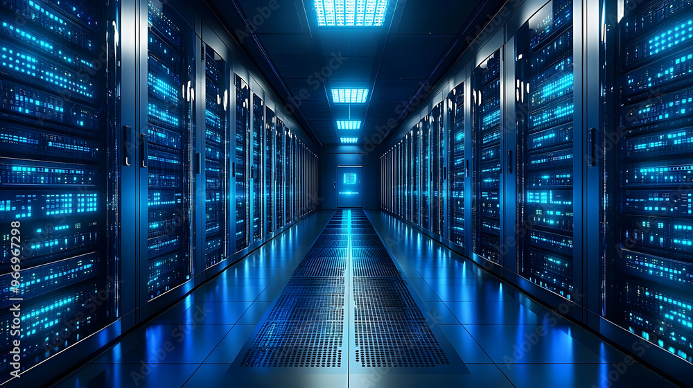 Aufkleber futuristic data center corridor with illuminated server racks.