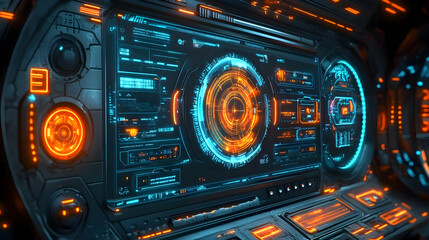 Futuristic control panel with glowing interfaces and data displays.