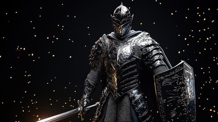 Fototapeta premium Dark Knight in Full Armor with Sword and Shield