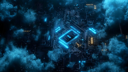 Futuristic digital circuit board with glowing elements and cloud effects.
