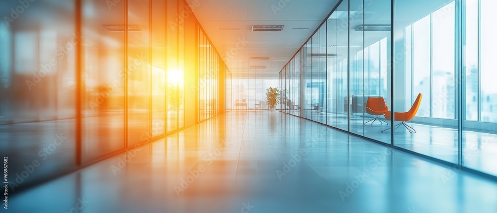 Poster a long corridor features glass walls and soft shadows, showcasing an open work space with panoramic 