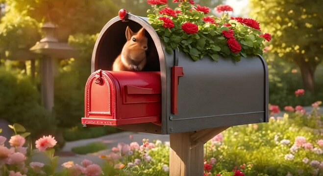 The mailbox in the beautiful and charming flower garden is very pleasing to the eye