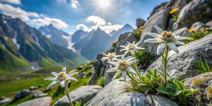 Symmetrical Alpine meadow with edelweiss growing among rocks in high mountains