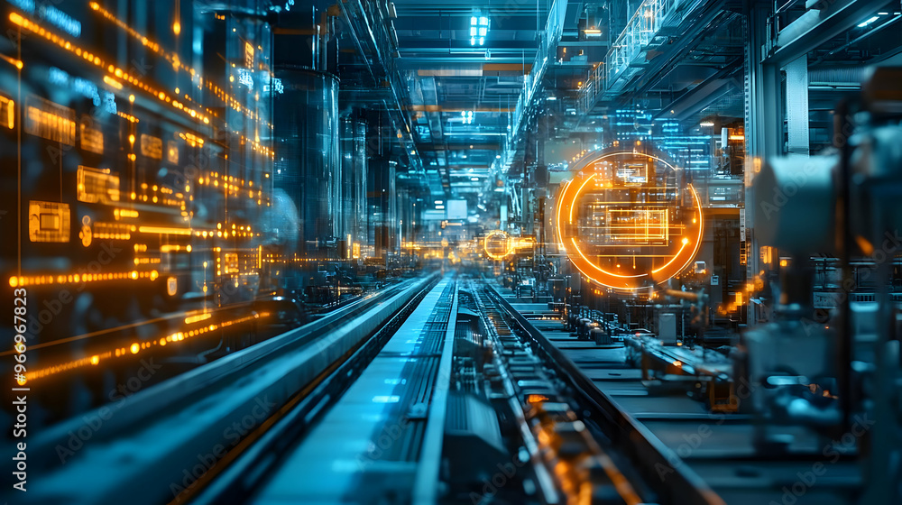 Poster futuristic industrial scene with glowing data streams and automated machinery.