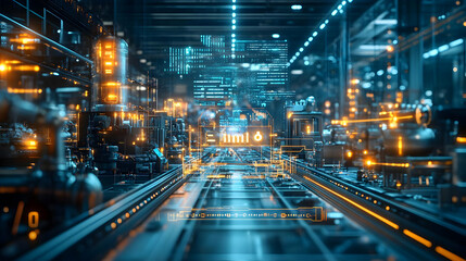 Fototapeta premium Futuristic industrial scene with glowing elements and data displays.