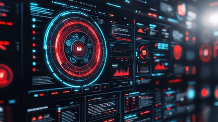 Fototapeta premium Futuristic Digital Interface with Red and Blue Glowing Elements and Email Icon