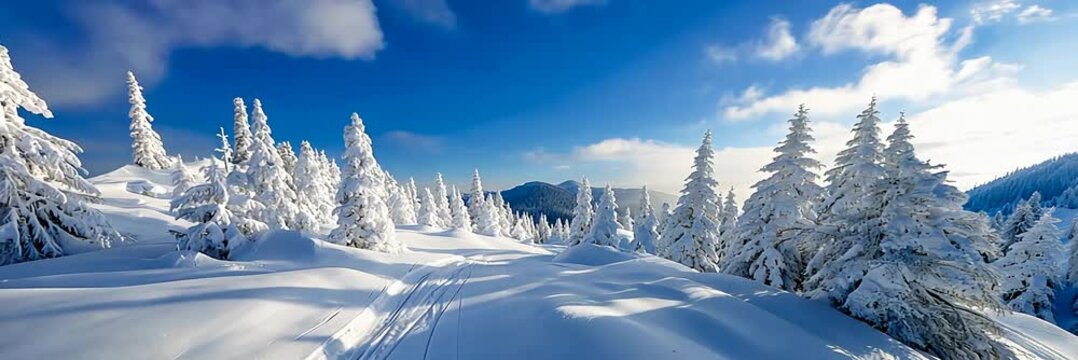 winter landscape with snow covered trees covering a mountain path on a sunny winter day