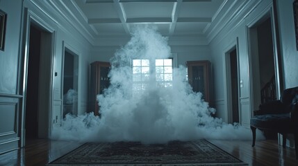 Dramatic real smoke swirling outward from a central void, creating an intense fog effect, ideal for a spooky Halloween backdrop, haunting and atmospheric