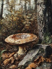 Fototapeta premium Oil painting depicting a decaying mushroom among forest foliage