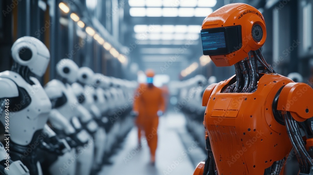 Poster Robots in a Factory Line.