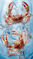 Two crabs caught in a splash of water, their vibrant orange shells contrasting against the dynamic movement of the liquid.