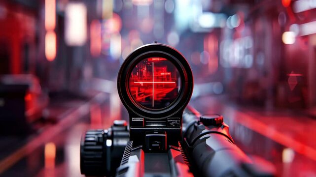 First-person shooter perspective, enemy in crosshair, post-apocalyptic city, dark and moody