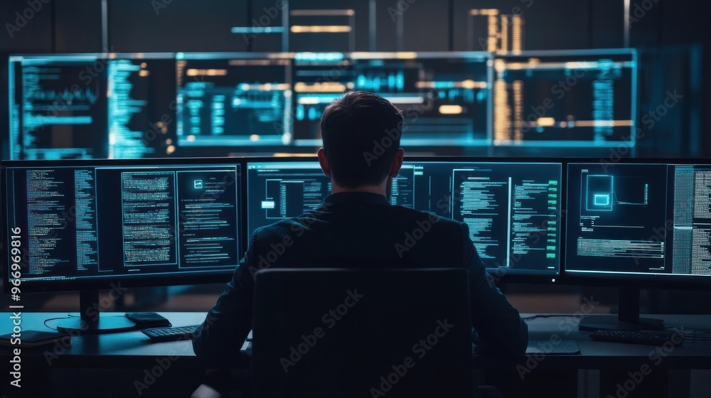 Leinwandbilder hacker working on multiple screens.