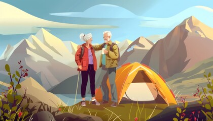 Obraz premium Elderly Lovebirds Bond on Romantic Walking Adventure: A Senior Couple's Heartwarming Journey by the