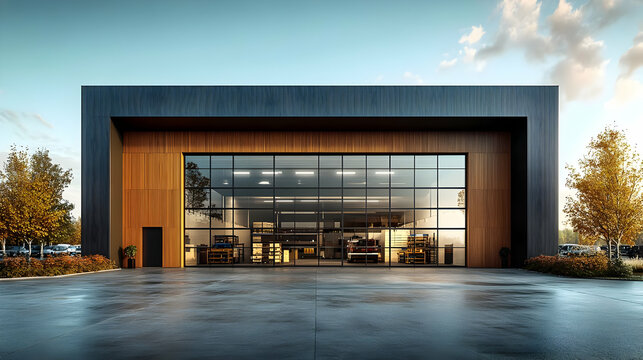 Modern industrial building with large glass facade and wooden accents.
