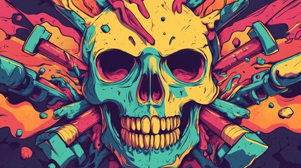 2D cartoon illustration of a skull featuring guns and hammers in a colorful design