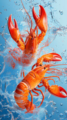 lobsters captured in a dynamic splash of water, showcasing their bright orange shells and intricate textures.