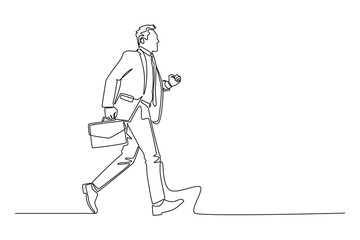 Single continuous line drawing young businessman holding briefcase running fast to office. Attractive professional manager on race competition project. One line draw graphic design vector illustration