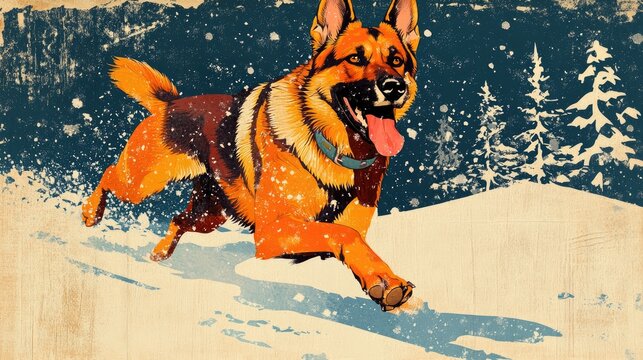 Playful German Shepherd in a snowy wonderland joyfully bounding with its tongue out A vibrant winter scene capturing canine exuberance freedom and fun