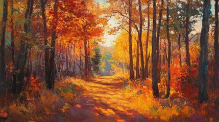Fototapeta premium Vibrant oil painting depicting an expansive autumn forest showcasing a beautiful landscape bathed in warm sunlight