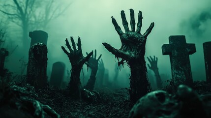 An array of undead zombie hands rising from a shadowy graveyard on a Halloween night, with a foreboding atmosphere and generous copy space