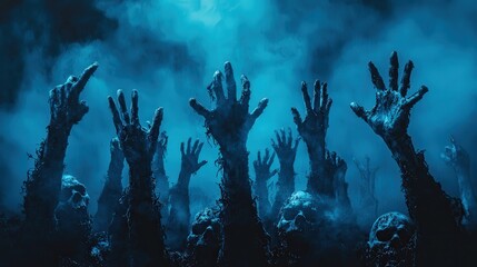 An array of undead zombie hands rising from a shadowy graveyard on a Halloween night, with a foreboding atmosphere and generous copy space