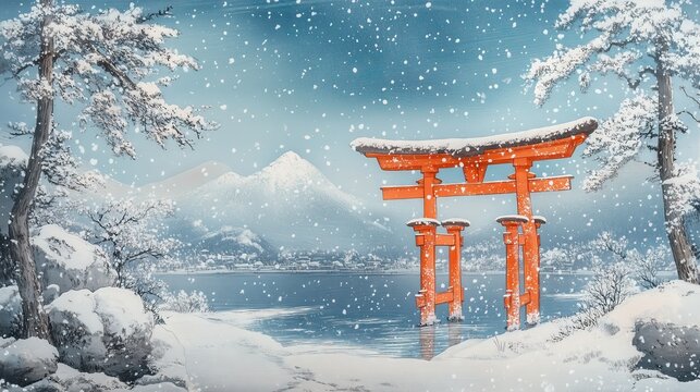Great floating gate O-Torii, winter landscape
