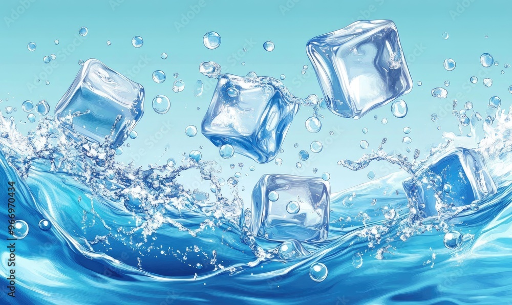 Poster ice cubes splashing into a clear blue wave with bubbles featuring a realistic water effect depicted 