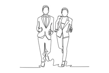 Single continuous line drawing of young female workers try to beat her male office worker friend at running championship. Business running competition. One line draw graphic design vector illustration