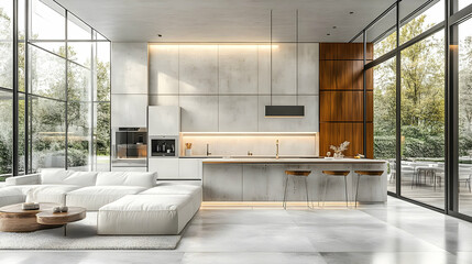 Modern kitchen with minimalist design, featuring concrete and wood elements.
