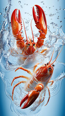 lobsters captured in a dynamic splash of water, showcasing their bright orange shells and intricate textures.