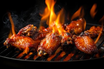Fire-cooked chicken wings with a charred finish.