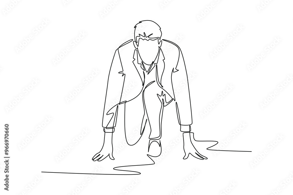 Poster single one line drawing front view of businessman get ready to sprint run on starting line. business