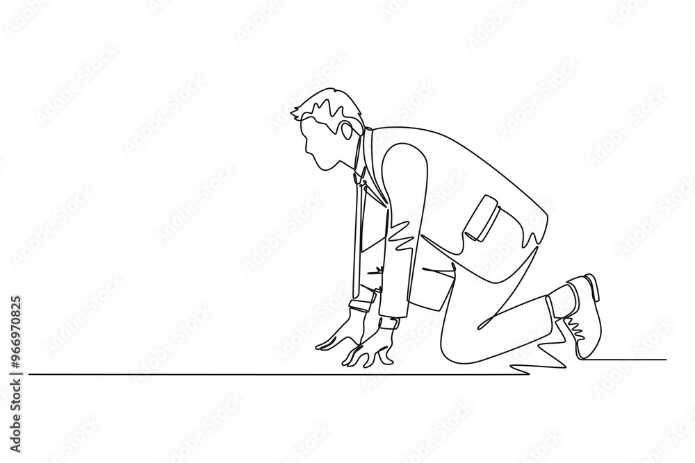 Poster single one line drawing side view of urban office worker get ready to sprint run on running track. b