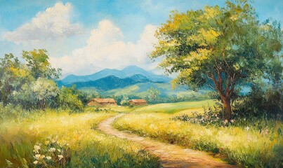 Fototapeta premium Oil painting depicting a rural landscape with serene natural scenery