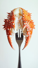  vibrant crab claw, split open to reveal the tender meat, elegantly presented on a fork against a white background..