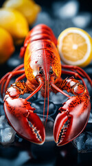 vibrant live lobster resting on a bed of ice, garnished with fresh lemon slices, creating a visually striking seafood display..