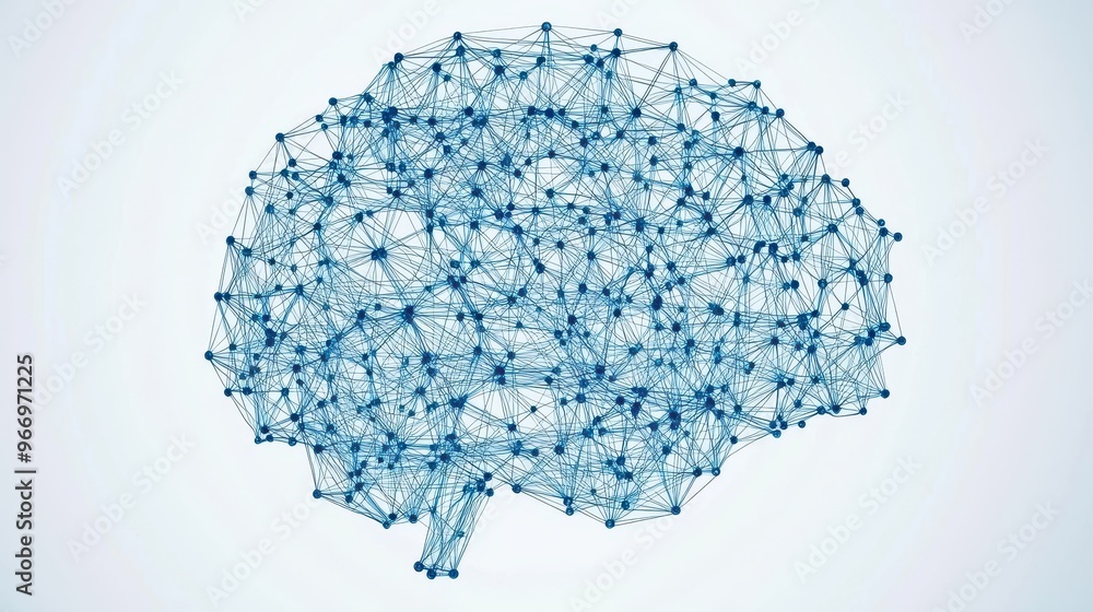 Poster abstract brain network connection blue nodes white background